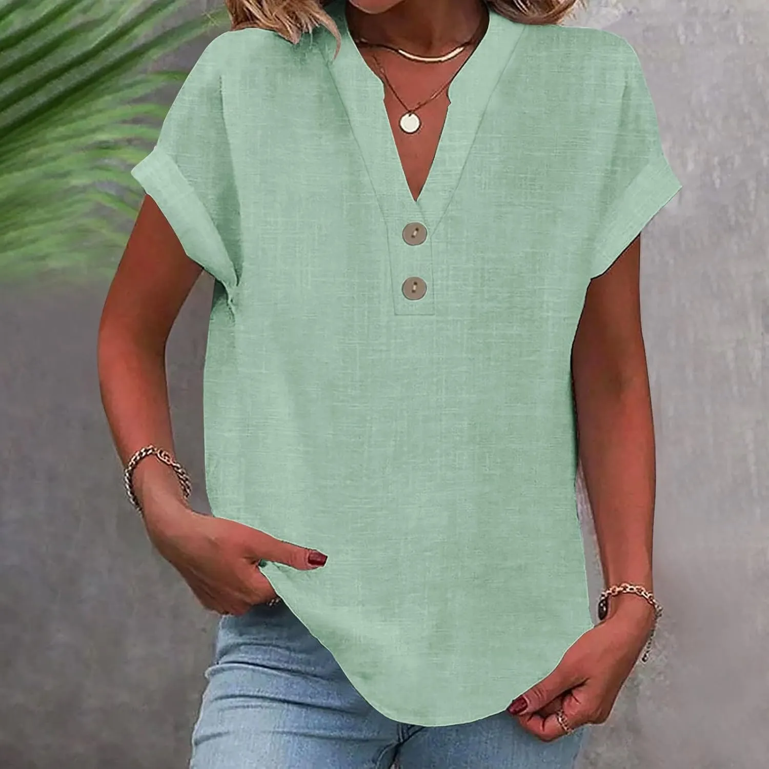 Linen Shirts for Women Cotton Button Up T-Shirt Summer V Neck Short Sleeve Roll Up Casual Loose Fit Work Blouse Tops
