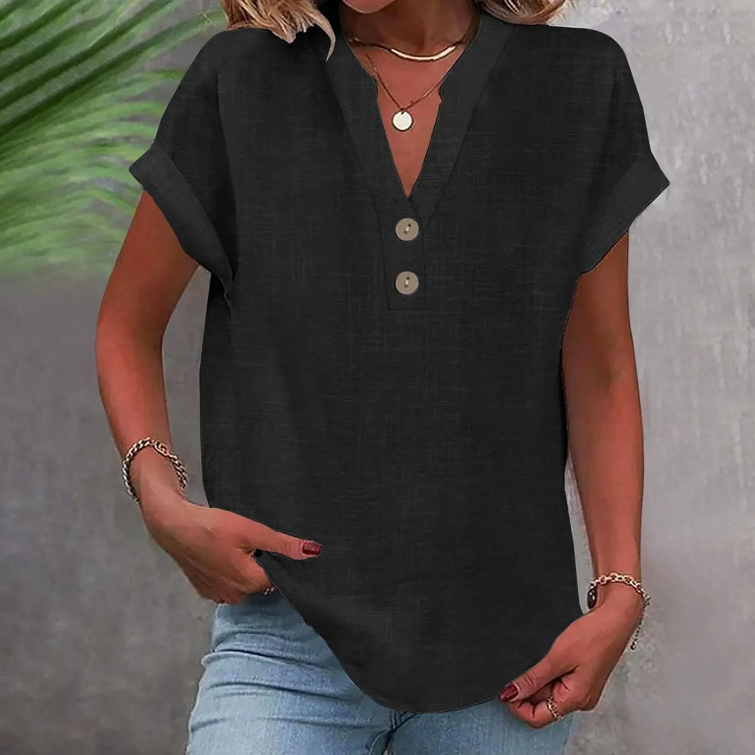 Linen Shirts for Women Cotton Button Up T-Shirt Summer V Neck Short Sleeve Roll Up Casual Loose Fit Work Blouse Tops