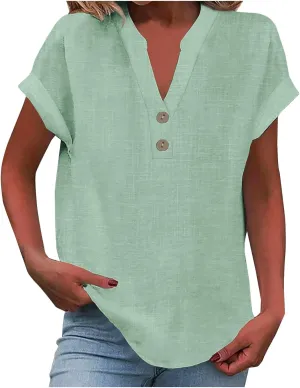 Linen Shirts for Women Cotton Button Up T-Shirt Summer V Neck Short Sleeve Roll Up Casual Loose Fit Work Blouse Tops