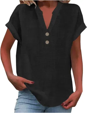 Linen Shirts for Women Cotton Button Up T-Shirt Summer V Neck Short Sleeve Roll Up Casual Loose Fit Work Blouse Tops
