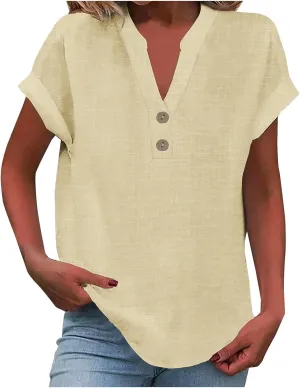 Linen Shirts for Women Cotton Button Up T-Shirt Summer V Neck Short Sleeve Roll Up Casual Loose Fit Work Blouse Tops