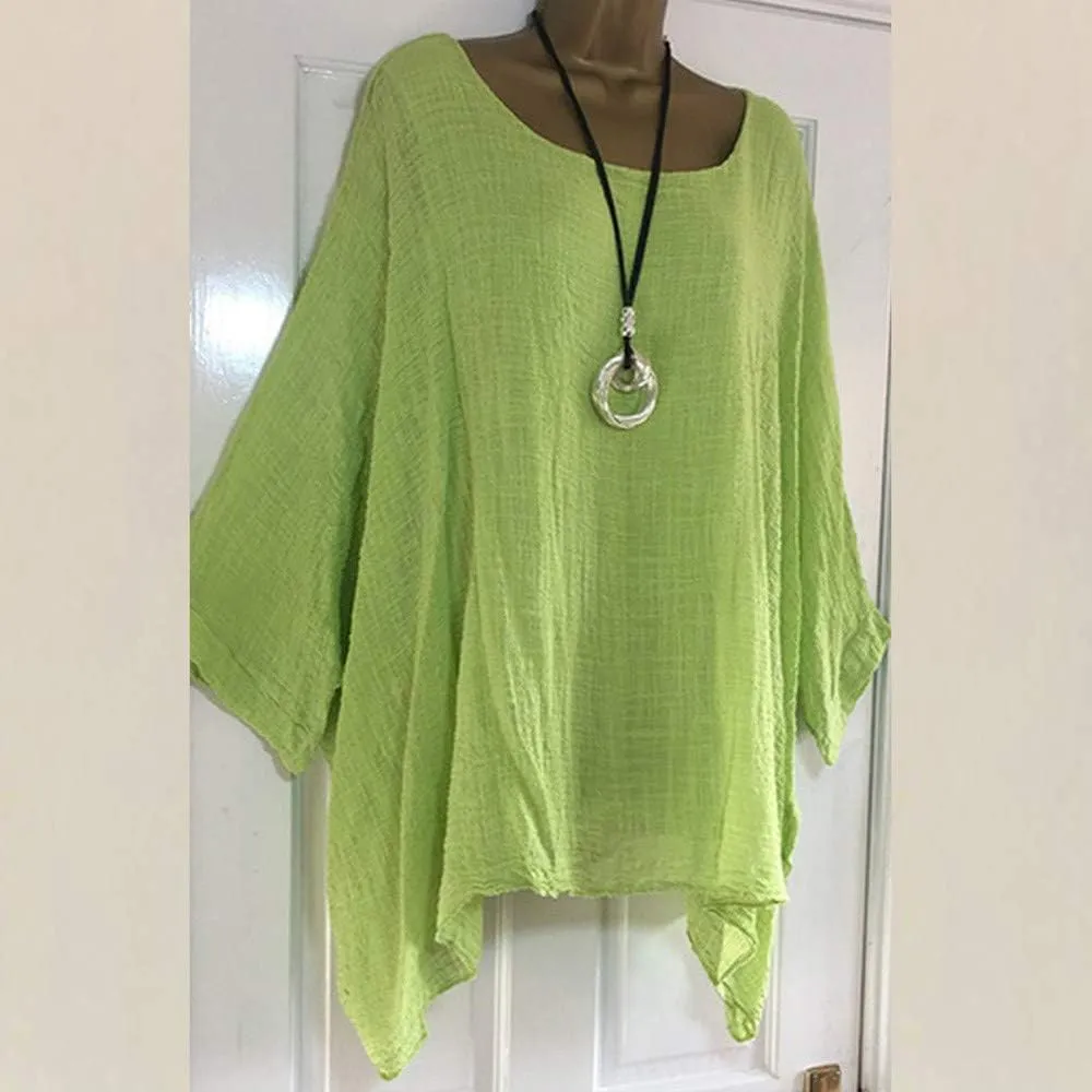 Linen Shirts for Women Summer 2025 Plus Size Crewneck 3/4 Sleeve Cute Tops Casual Loose Fit Comfy Blouses