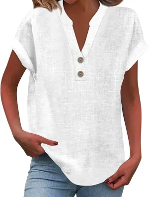 Linen Shirts for Women V Neck Button Short Sleeve Summer Tops 2025 Casual Tees Work Blouses Outfits