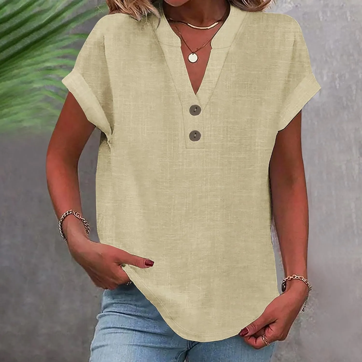 Linen Shirts for Women V Neck Button Short Sleeve Summer Tops 2025 Casual Tees Work Blouses Outfits