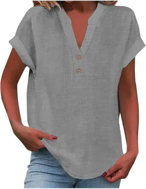 Linen Shirts for Women V Neck Button Short Sleeve Summer Tops 2025 Casual Tees Work Blouses Outfits