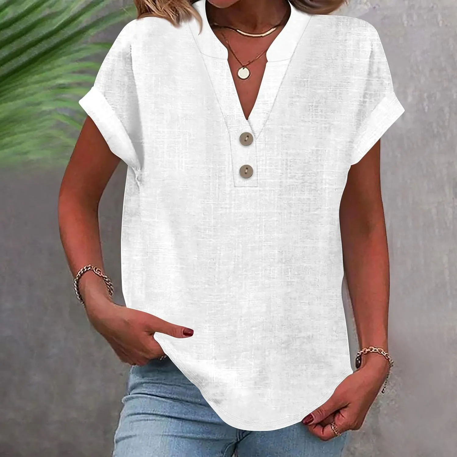 Linen Shirts for Women V Neck Button Short Sleeve Summer Tops 2025 Casual Tees Work Blouses Outfits