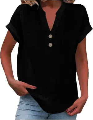 Linen Shirts for Women V Neck Button Short Sleeve Summer Tops 2025 Casual Tees Work Blouses Outfits