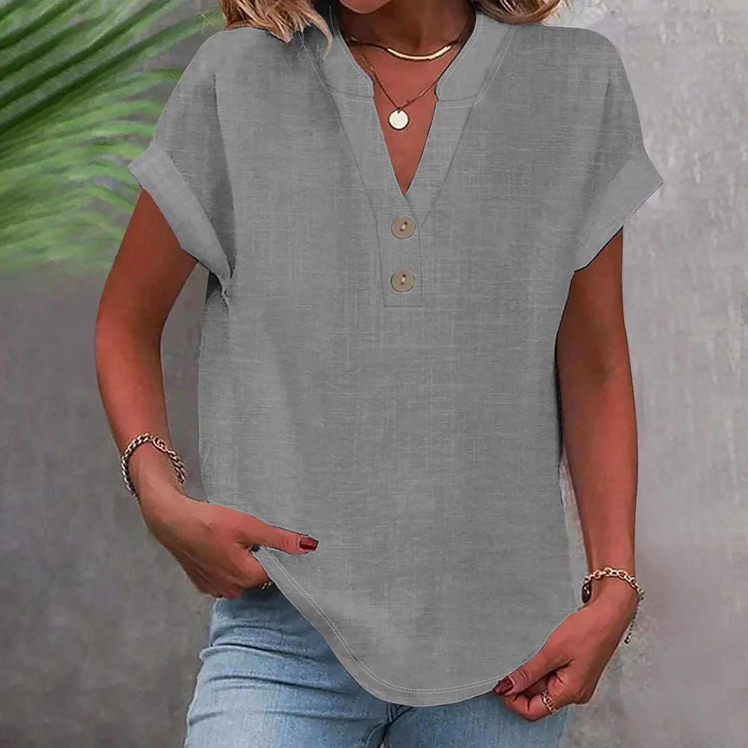 Linen Shirts for Women V Neck Button Short Sleeve Summer Tops 2025 Casual Tees Work Blouses Outfits