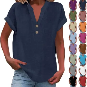 Linen Shirts for Women V Neck Button Short Sleeve Summer Tops 2025 Casual Tees Work Blouses Outfits