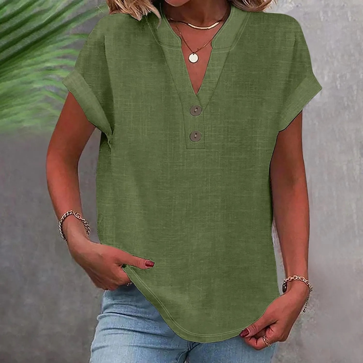 Linen Shirts for Women V Neck Button Short Sleeve Summer Tops 2025 Casual Tees Work Blouses Outfits