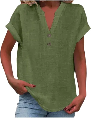 Linen Shirts for Women V Neck Button Short Sleeve Summer Tops 2025 Casual Tees Work Blouses Outfits