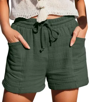 Linen Shorts for Women Drawstring Loose Breathable Summer Elastic Waist Casual Lightweight Shorts with Pockets Beach