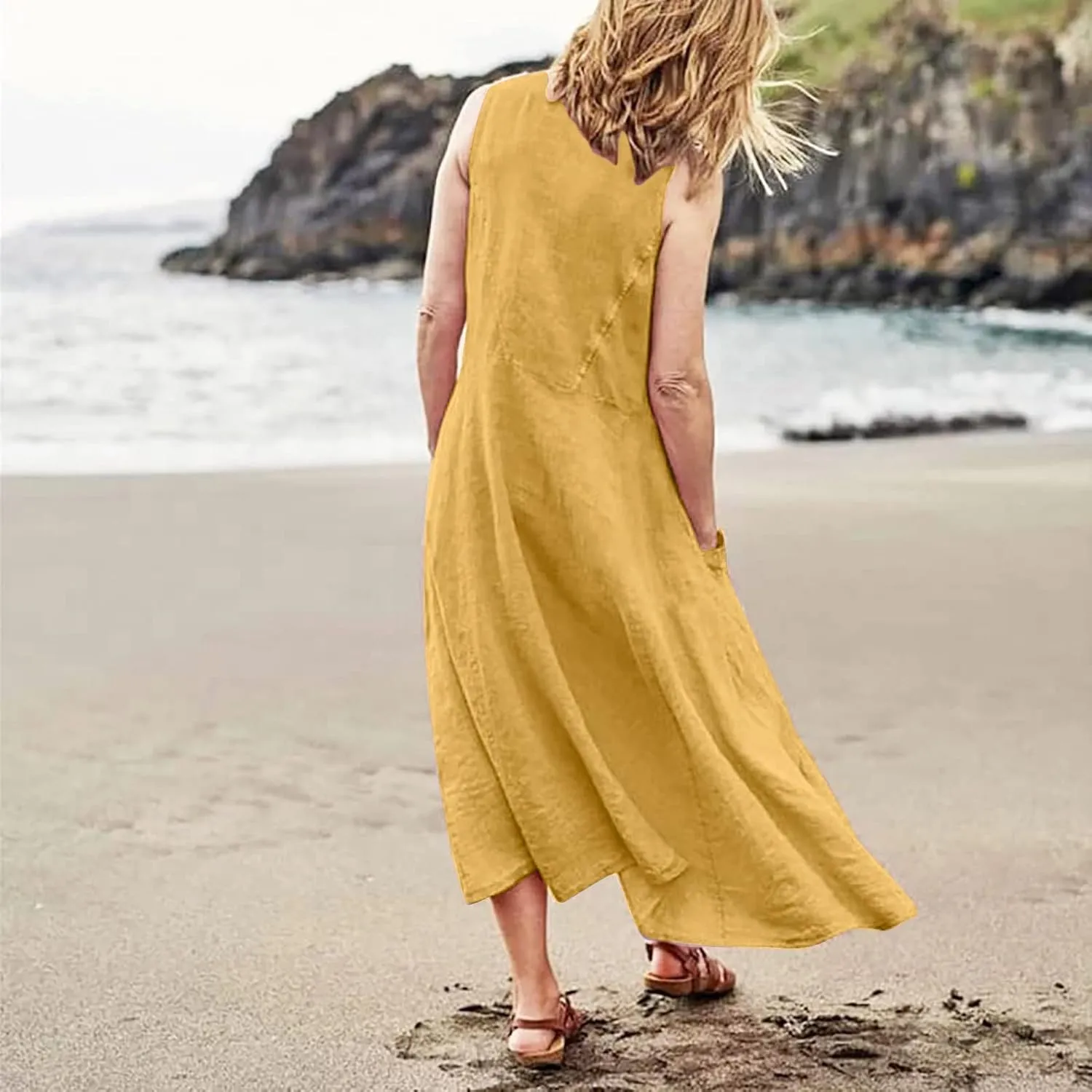 Linen Sun Dresses for Women 2025 Vacation Plus Size Flowy Maxi Dress Summer Sleeveless Beach Sundress with Pockets