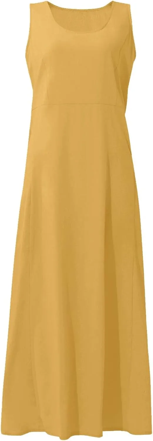 Linen Sun Dresses for Women 2025 Vacation Plus Size Flowy Maxi Dress Summer Sleeveless Beach Sundress with Pockets