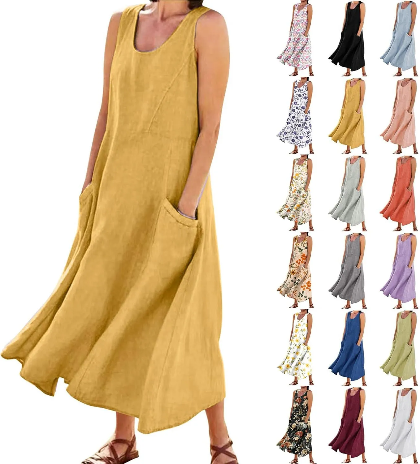 Linen Sun Dresses for Women 2025 Vacation Plus Size Flowy Maxi Dress Summer Sleeveless Beach Sundress with Pockets