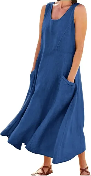 Linen Sun Dresses for Women 2025 Vacation Plus Size Flowy Maxi Dress Summer Sleeveless Beach Sundress with Pockets
