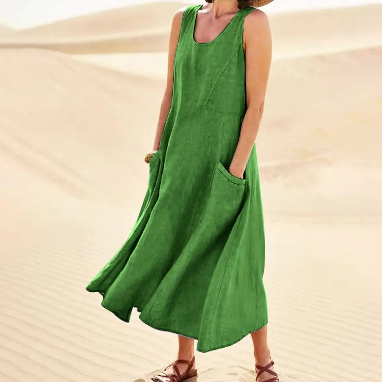 Linen Sun Dresses for Women 2025 Vacation Plus Size Flowy Maxi Dress Summer Sleeveless Beach Sundress with Pockets