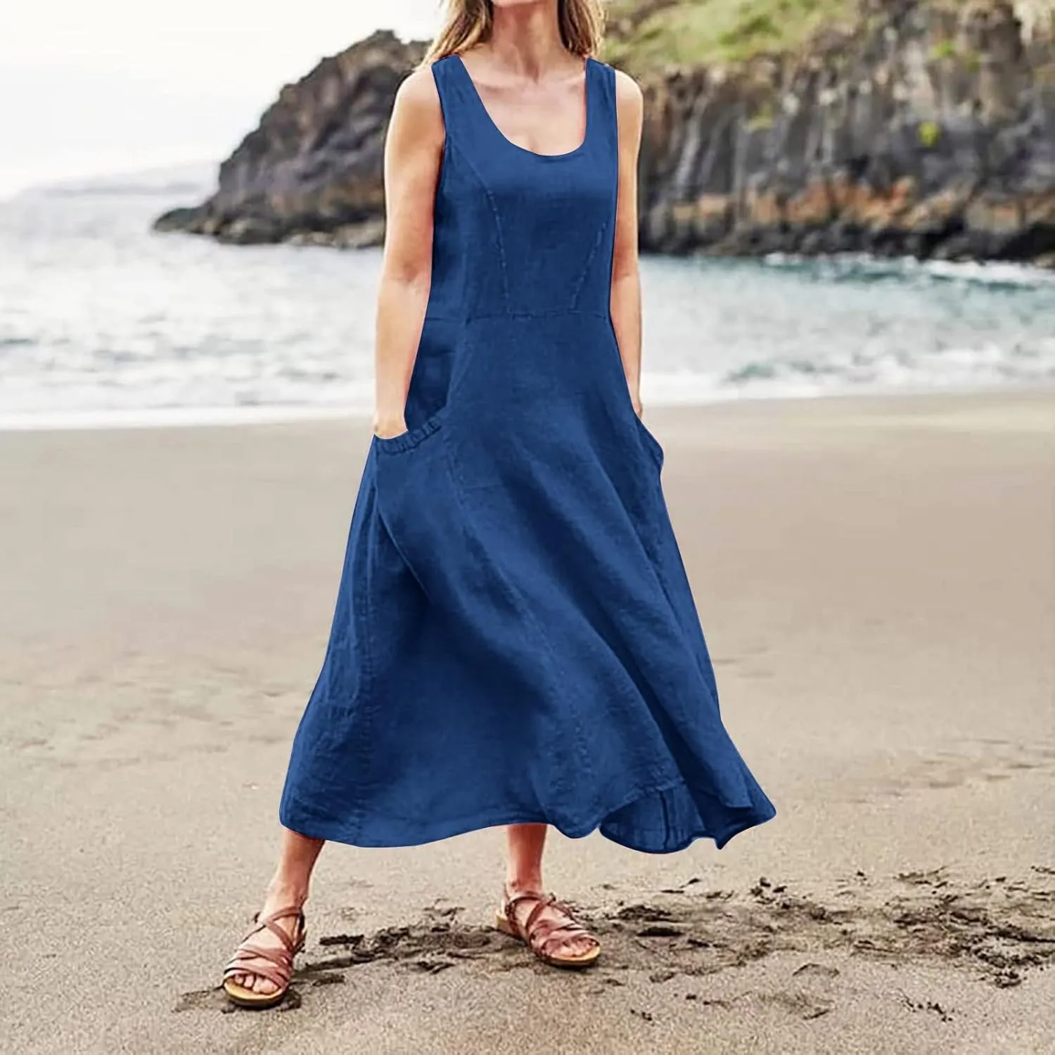 Linen Sun Dresses for Women 2025 Vacation Plus Size Flowy Maxi Dress Summer Sleeveless Beach Sundress with Pockets