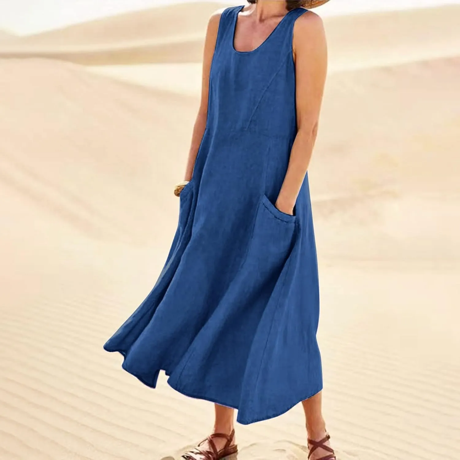 Linen Sun Dresses for Women 2025 Vacation Plus Size Flowy Maxi Dress Summer Sleeveless Beach Sundress with Pockets