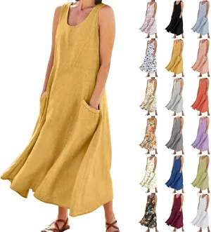Linen Sun Dresses for Women 2025 Vacation Plus Size Flowy Maxi Dress Summer Sleeveless Beach Sundress with Pockets