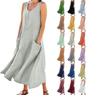 Linen Sun Dresses for Women 2025 Vacation Plus Size Flowy Maxi Dress Summer Sleeveless Beach Sundress with Pockets