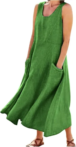 Linen Sun Dresses for Women 2025 Vacation Plus Size Flowy Maxi Dress Summer Sleeveless Beach Sundress with Pockets