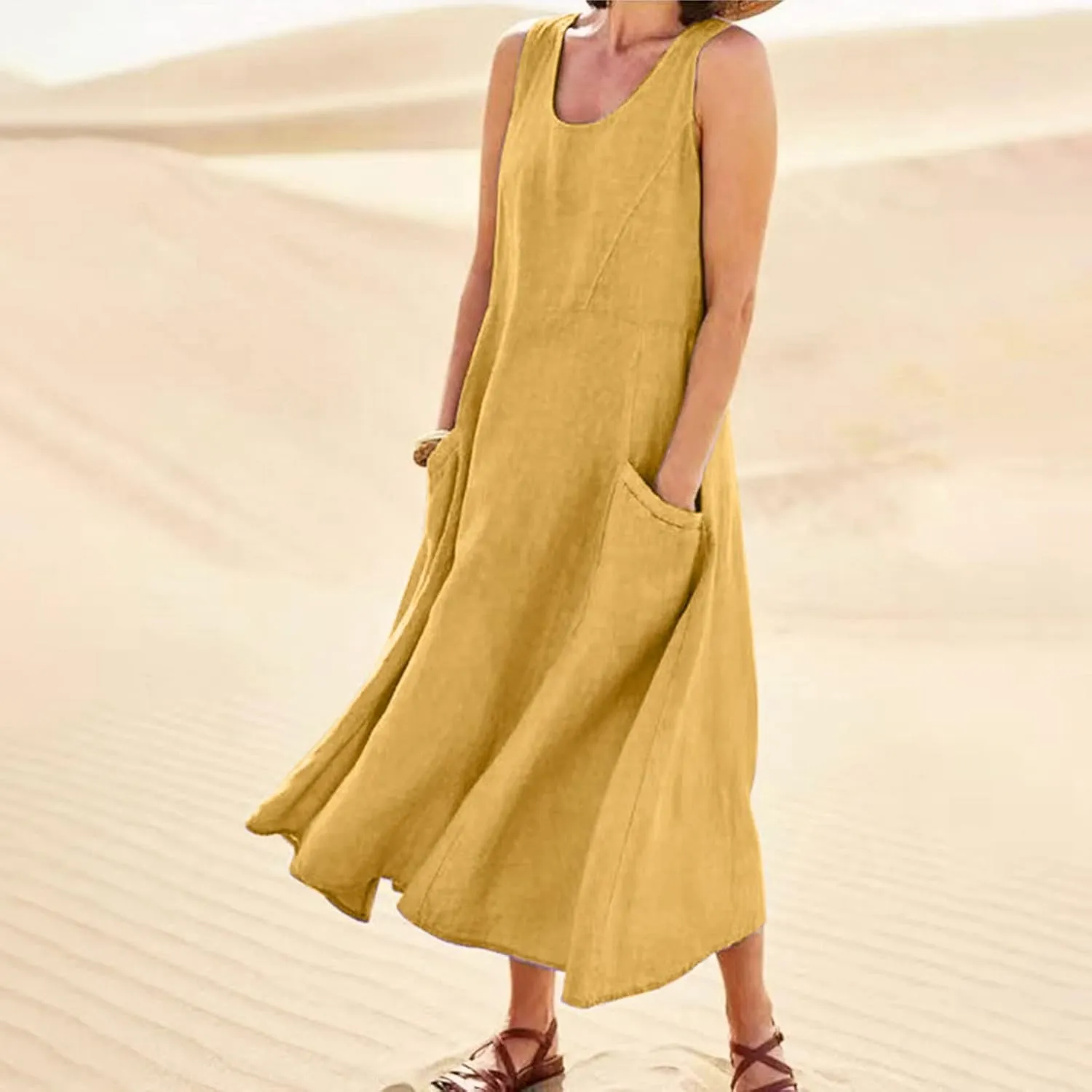 Linen Sun Dresses for Women 2025 Vacation Plus Size Flowy Maxi Dress Summer Sleeveless Beach Sundress with Pockets
