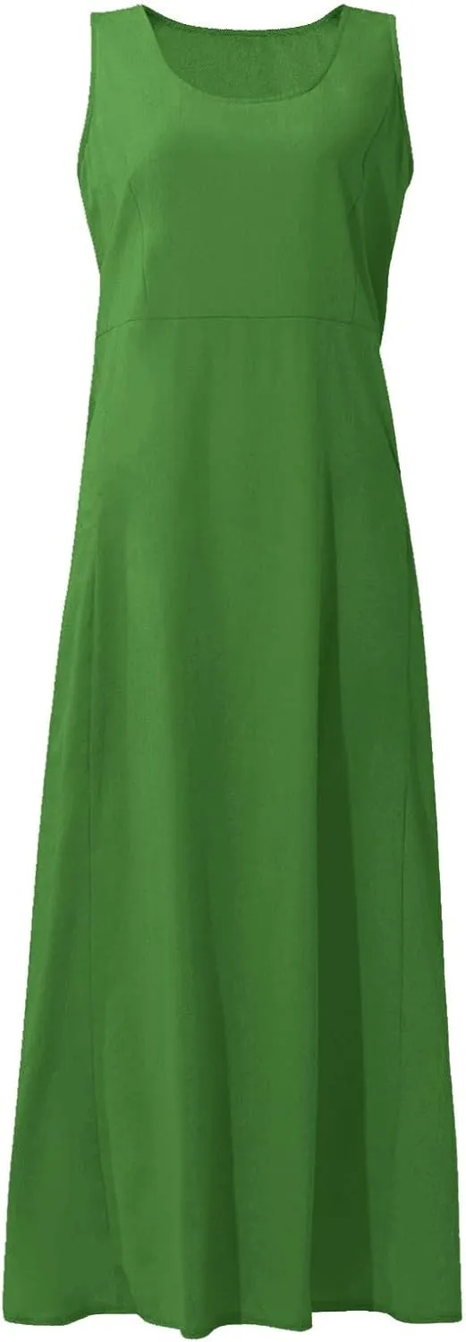Linen Sun Dresses for Women 2025 Vacation Plus Size Flowy Maxi Dress Summer Sleeveless Beach Sundress with Pockets