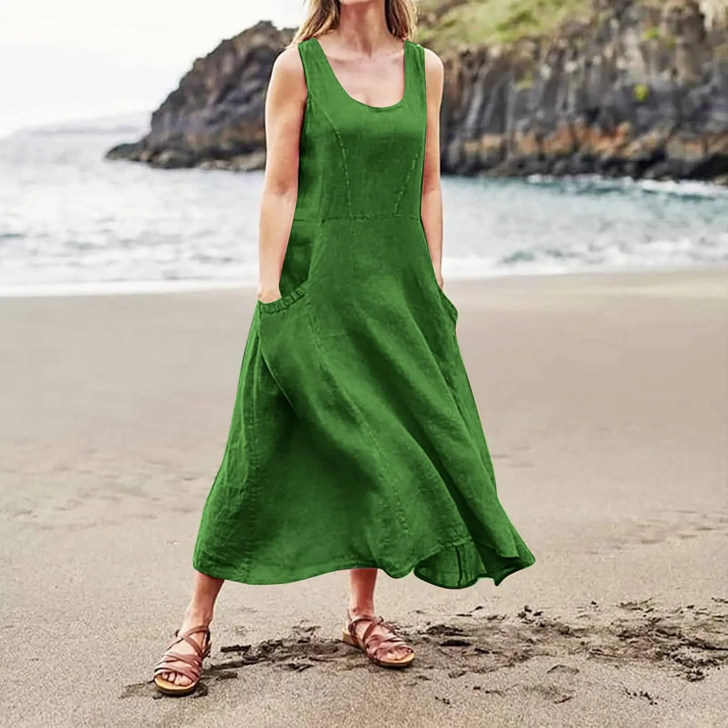Linen Sun Dresses for Women 2025 Vacation Plus Size Flowy Maxi Dress Summer Sleeveless Beach Sundress with Pockets