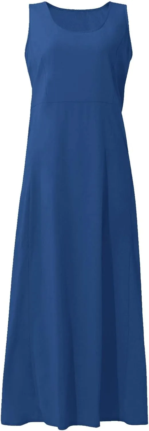 Linen Sun Dresses for Women 2025 Vacation Plus Size Flowy Maxi Dress Summer Sleeveless Beach Sundress with Pockets