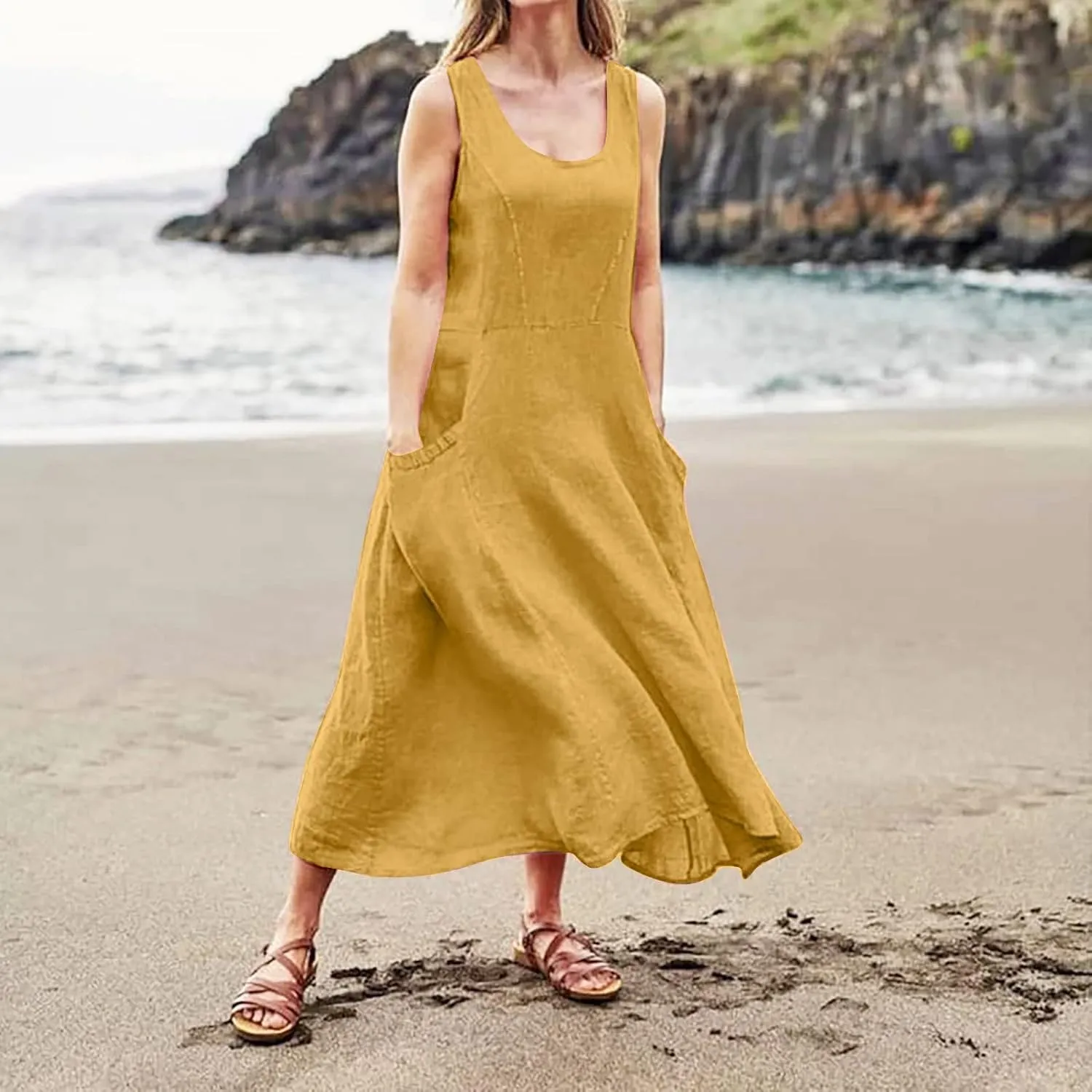 Linen Sun Dresses for Women 2025 Vacation Plus Size Flowy Maxi Dress Summer Sleeveless Beach Sundress with Pockets