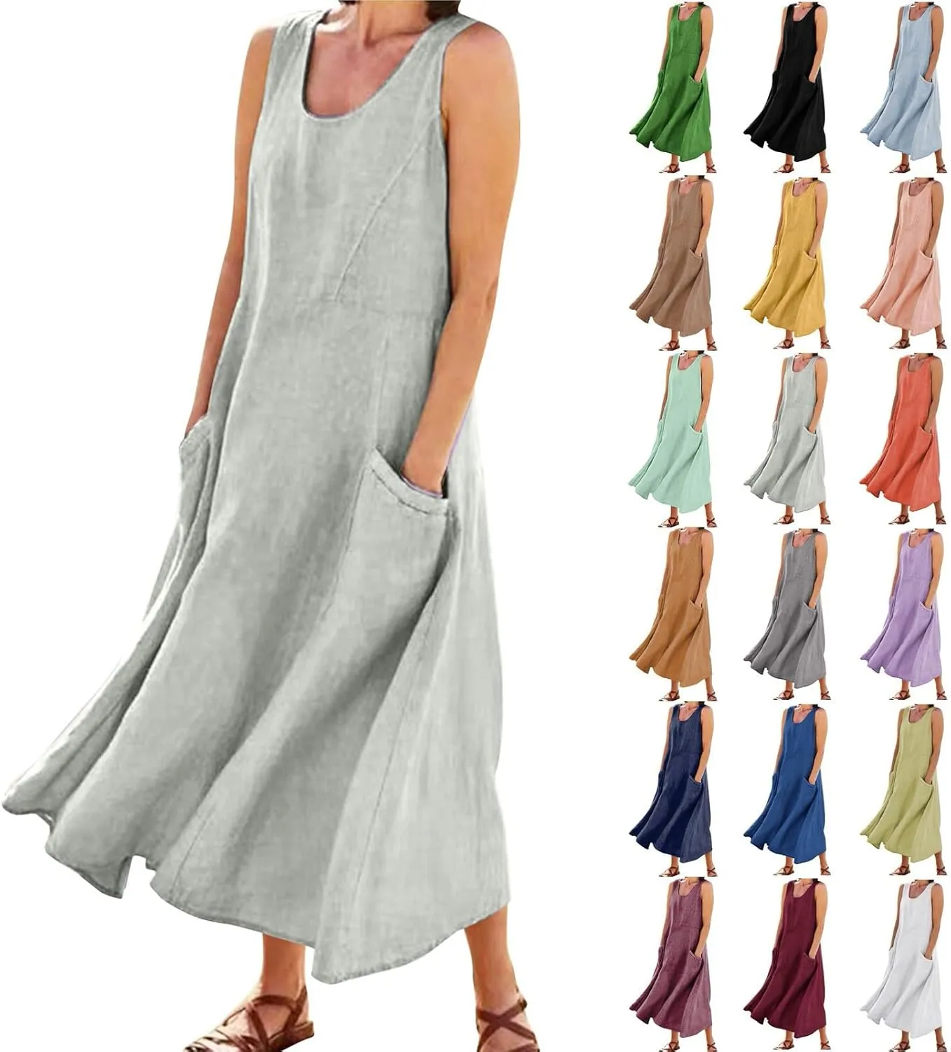 Linen Sun Dresses for Women 2025 Vacation Plus Size Flowy Maxi Dress Summer Sleeveless Beach Sundress with Pockets