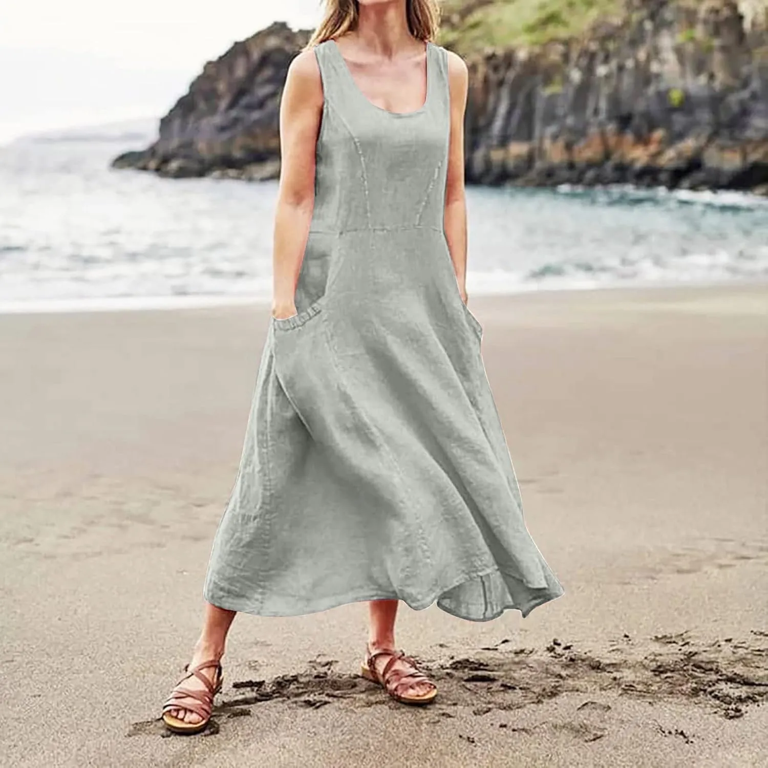 Linen Sun Dresses for Women 2025 Vacation Plus Size Flowy Maxi Dress Summer Sleeveless Beach Sundress with Pockets