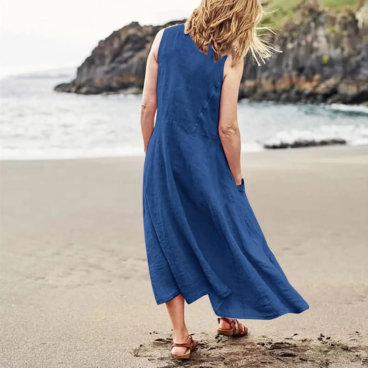 Linen Sun Dresses for Women 2025 Vacation Plus Size Flowy Maxi Dress Summer Sleeveless Beach Sundress with Pockets