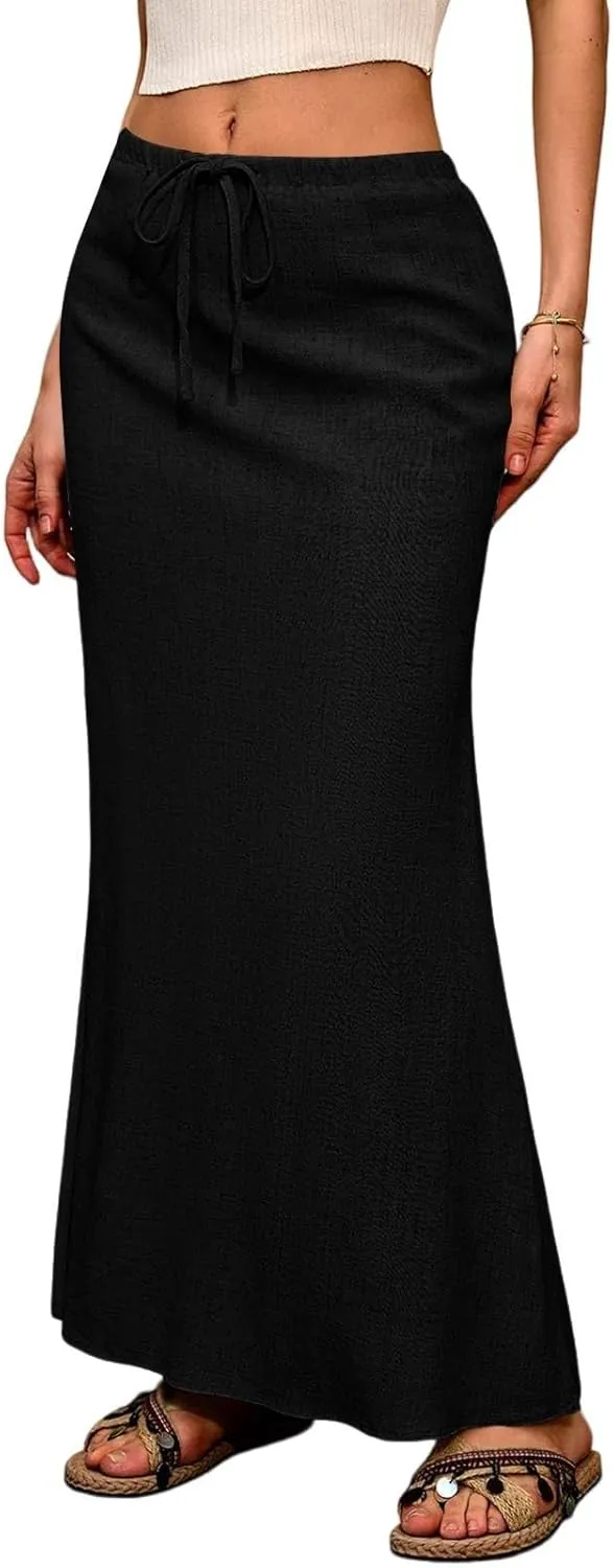 Linen Wrap Maxi Skirts for Women Trendy Summer Boho Long Low Rise Cotton Floor Length Skirt with Side Pockets