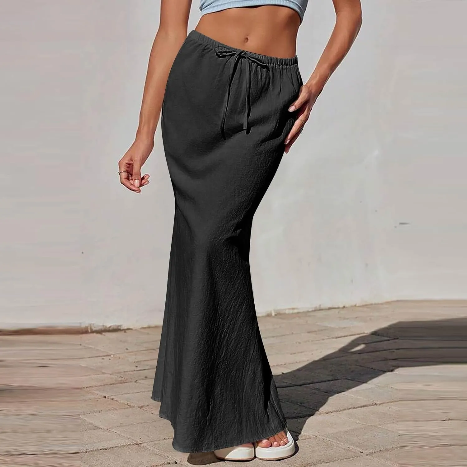 Linen Wrap Maxi Skirts for Women Trendy Summer Boho Long Low Rise Cotton Floor Length Skirt with Side Pockets