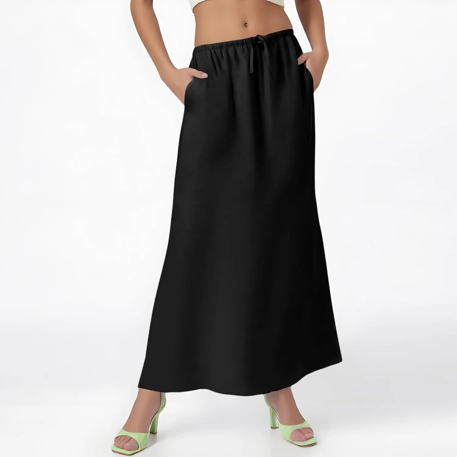 Linen Wrap Maxi Skirts for Women Trendy Summer Boho Long Low Rise Cotton Floor Length Skirt with Side Pockets