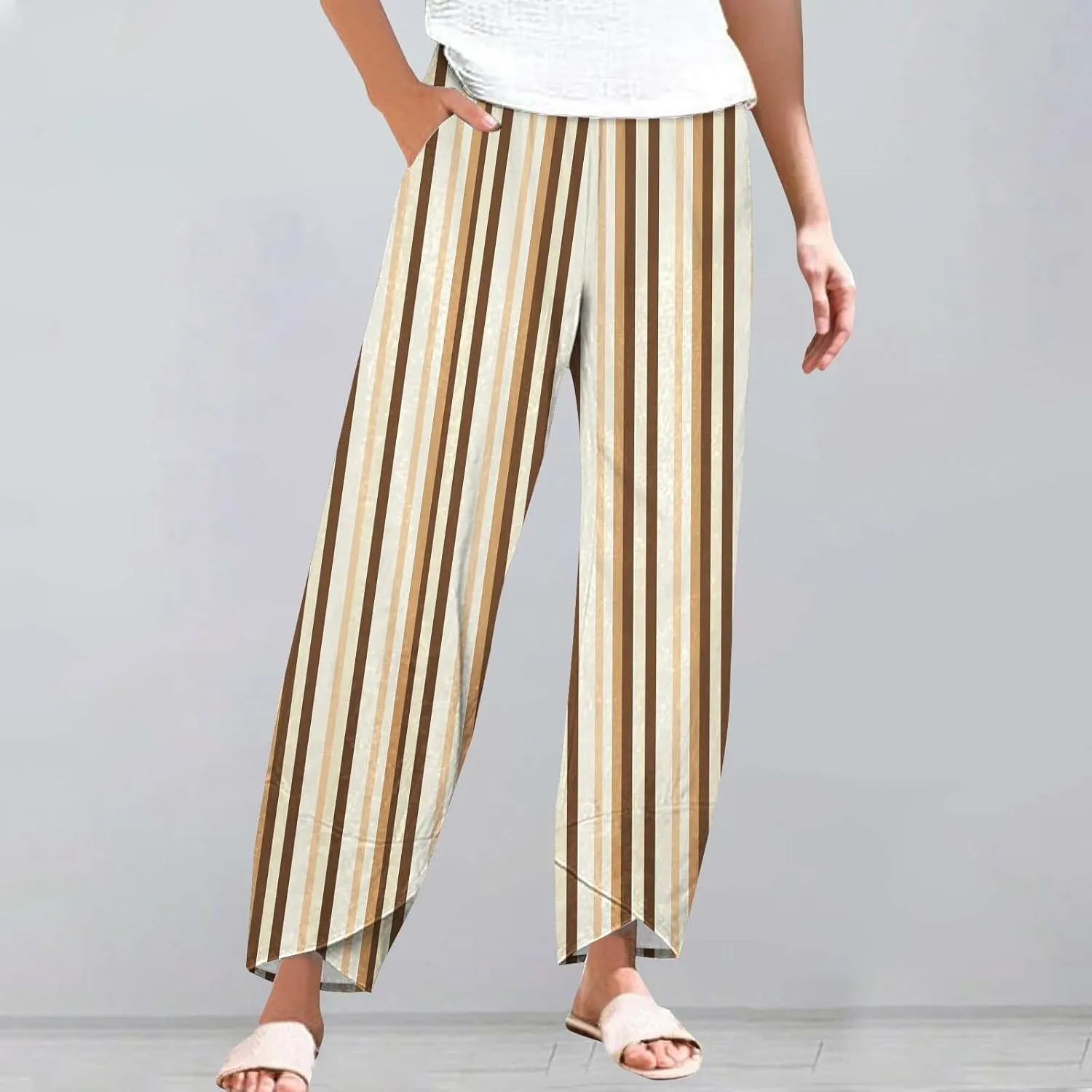 Loose Casual Capri Cotton Pants Women Casual Striped Linen Trousers High Waist Elastic Lounge Beach
