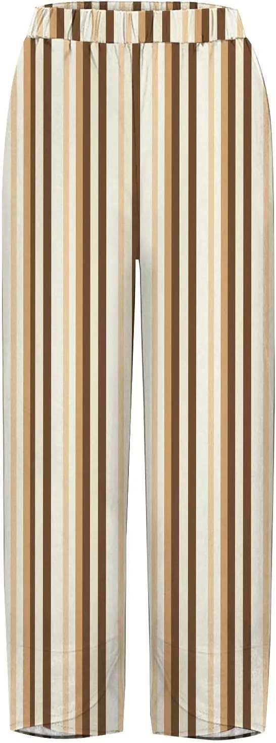 Loose Casual Capri Cotton Pants Women Casual Striped Linen Trousers High Waist Elastic Lounge Beach