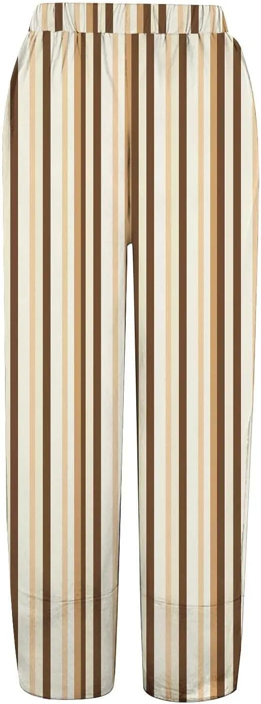 Loose Casual Capri Cotton Pants Women Casual Striped Linen Trousers High Waist Elastic Lounge Beach
