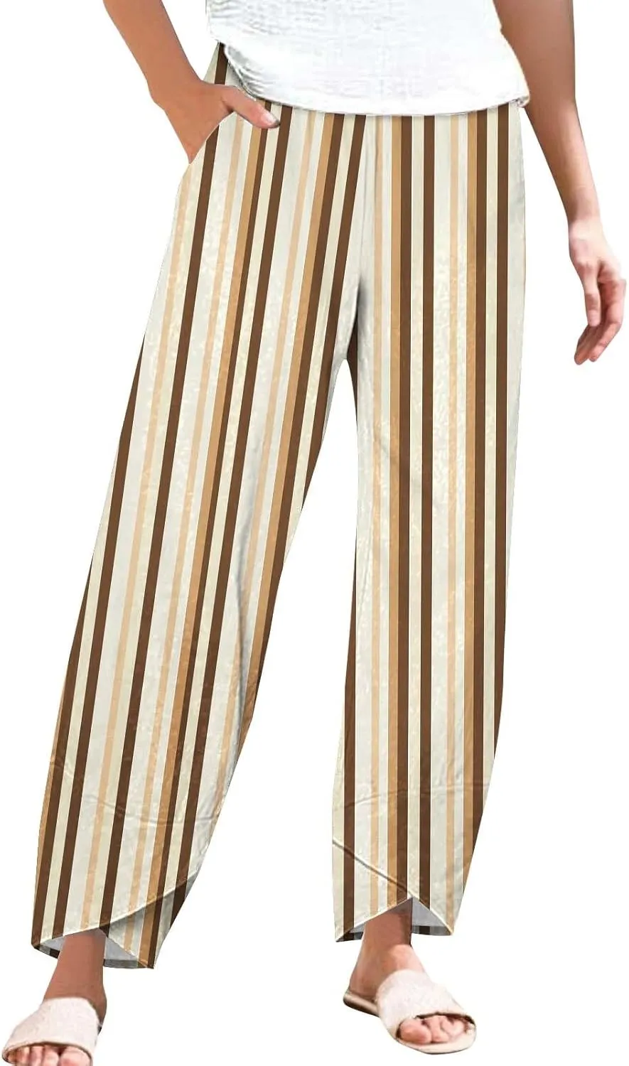Loose Casual Capri Cotton Pants Women Casual Striped Linen Trousers High Waist Elastic Lounge Beach