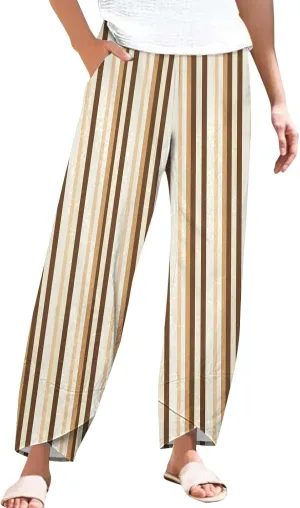 Loose Casual Capri Cotton Pants Women Casual Striped Linen Trousers High Waist Elastic Lounge Beach
