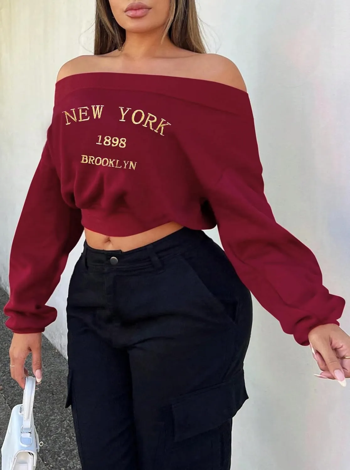 LovelyWholesale Women Off the Shoulder Sweatshirt Graphic Crop Tops Long Sleeve Shirts