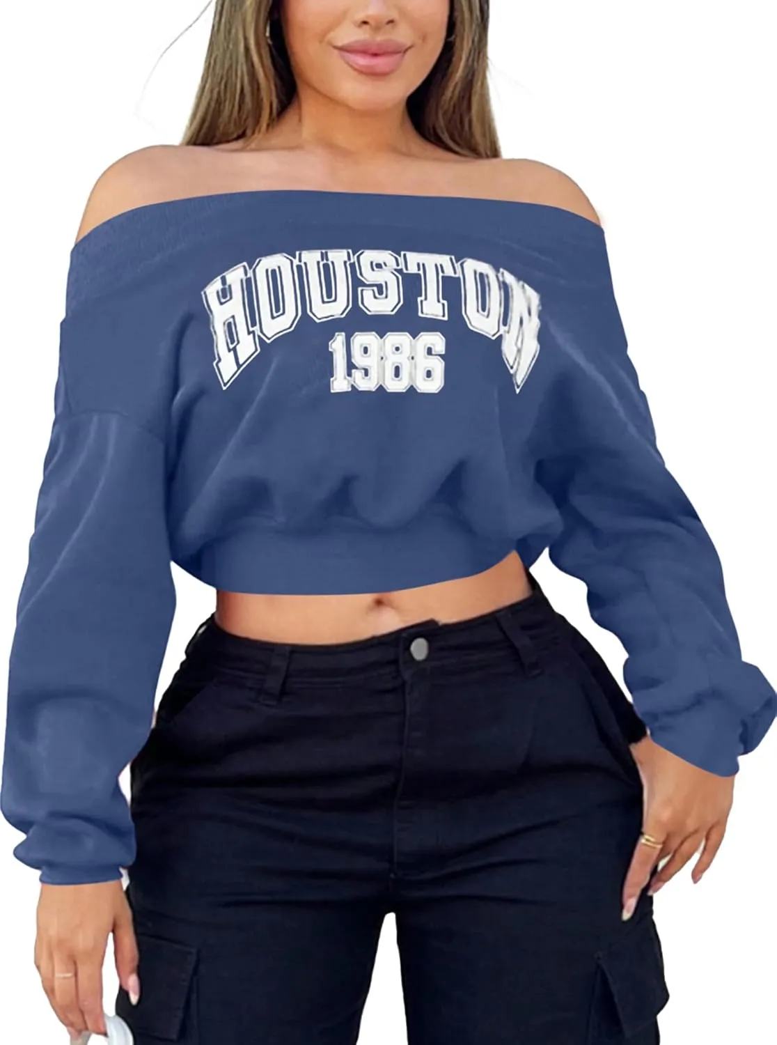 LovelyWholesale Women Off the Shoulder Sweatshirt Graphic Crop Tops Long Sleeve Shirts