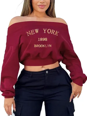 LovelyWholesale Women Off the Shoulder Sweatshirt Graphic Crop Tops Long Sleeve Shirts
