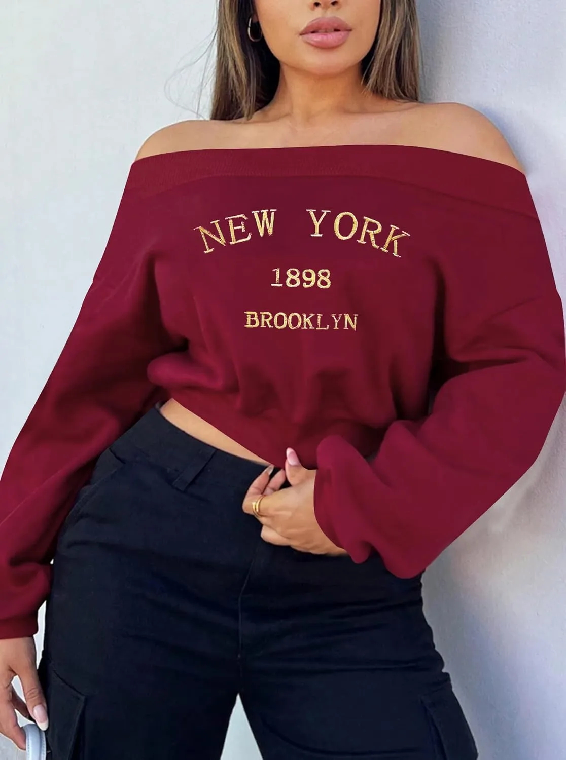 LovelyWholesale Women Off the Shoulder Sweatshirt Graphic Crop Tops Long Sleeve Shirts