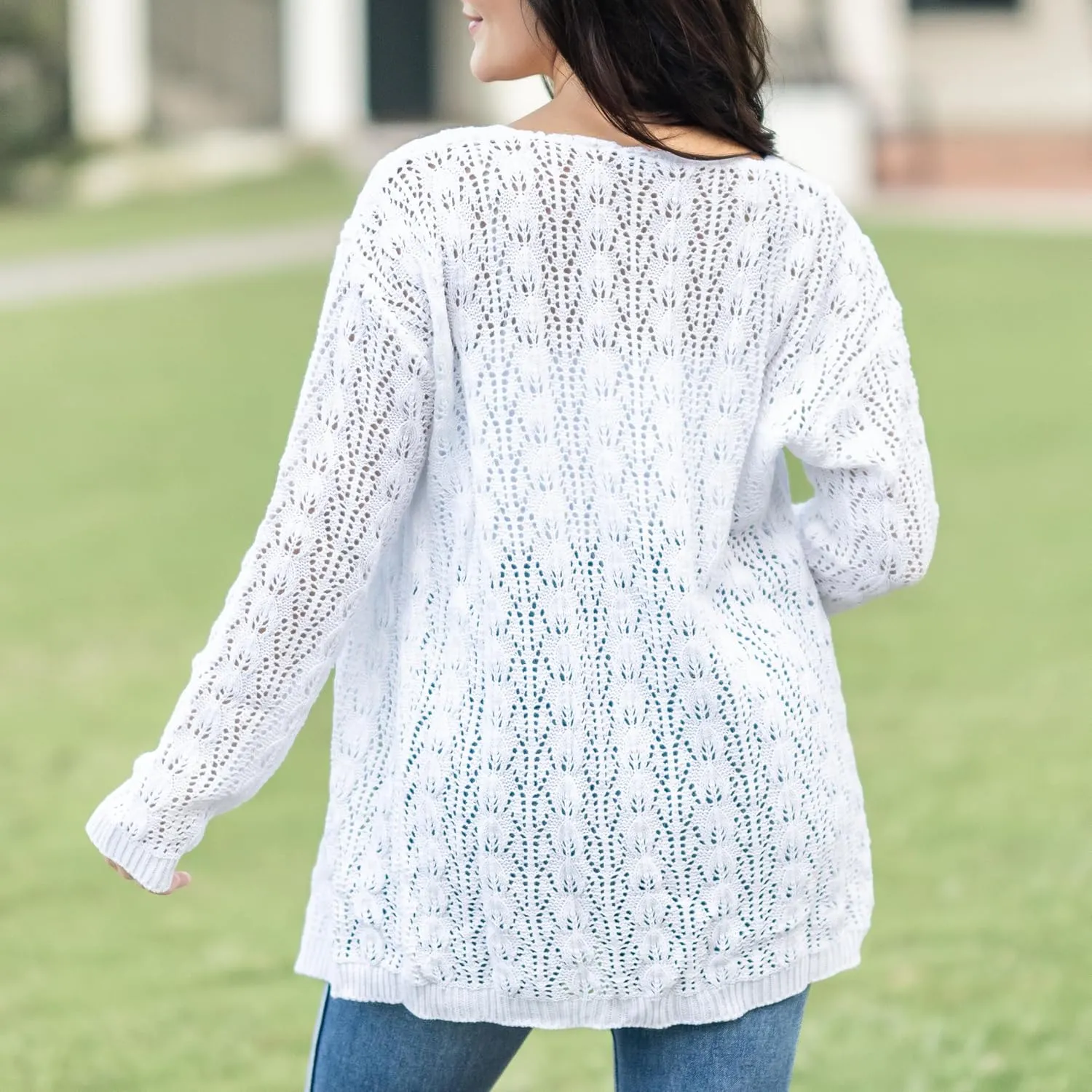 Loxdonz Women's Crochet Cardigan Long Sleeve Lightweight Soft Open Front Knitted Kimono Sweater Cardigans