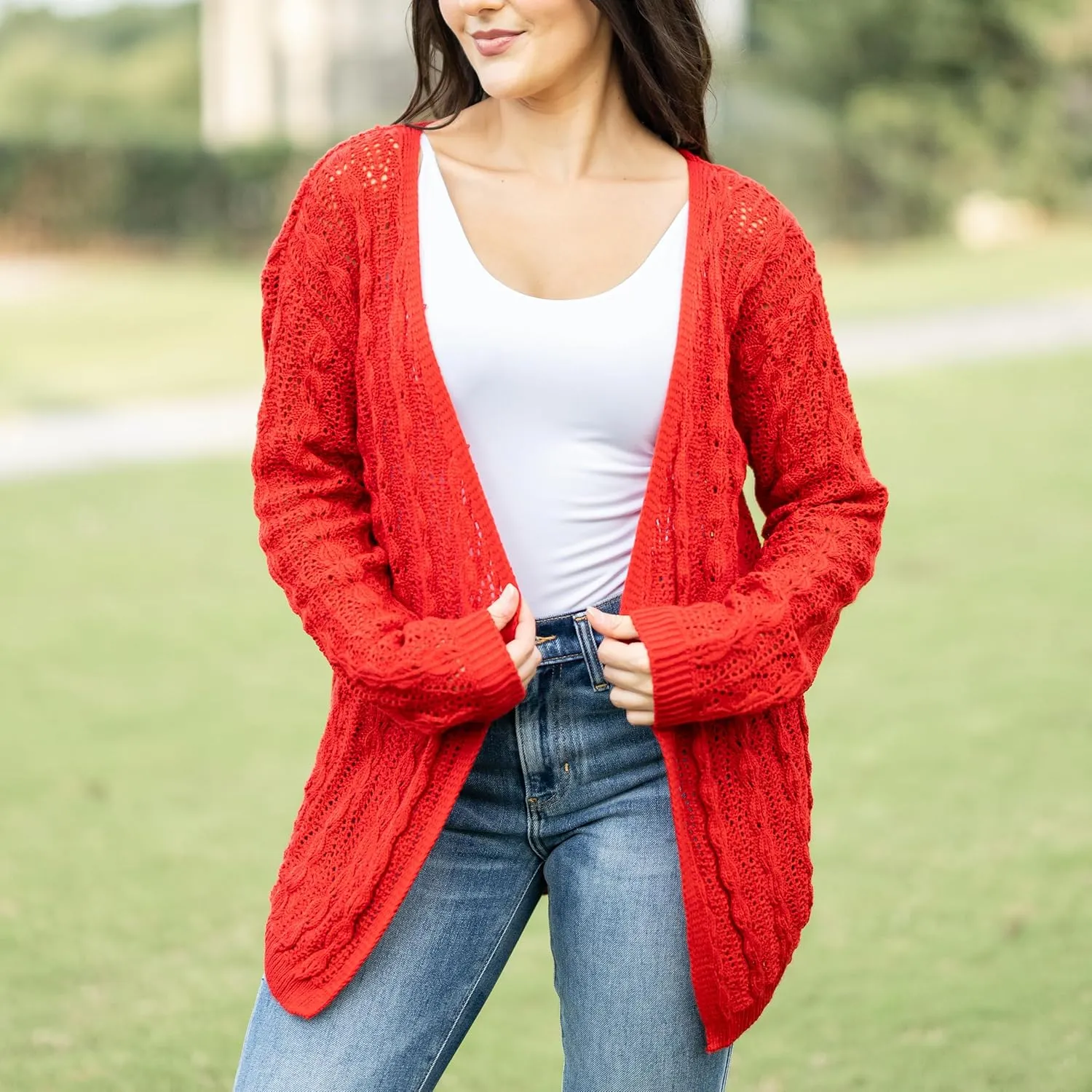 Loxdonz Women's Crochet Cardigan Long Sleeve Lightweight Soft Open Front Knitted Kimono Sweater Cardigans