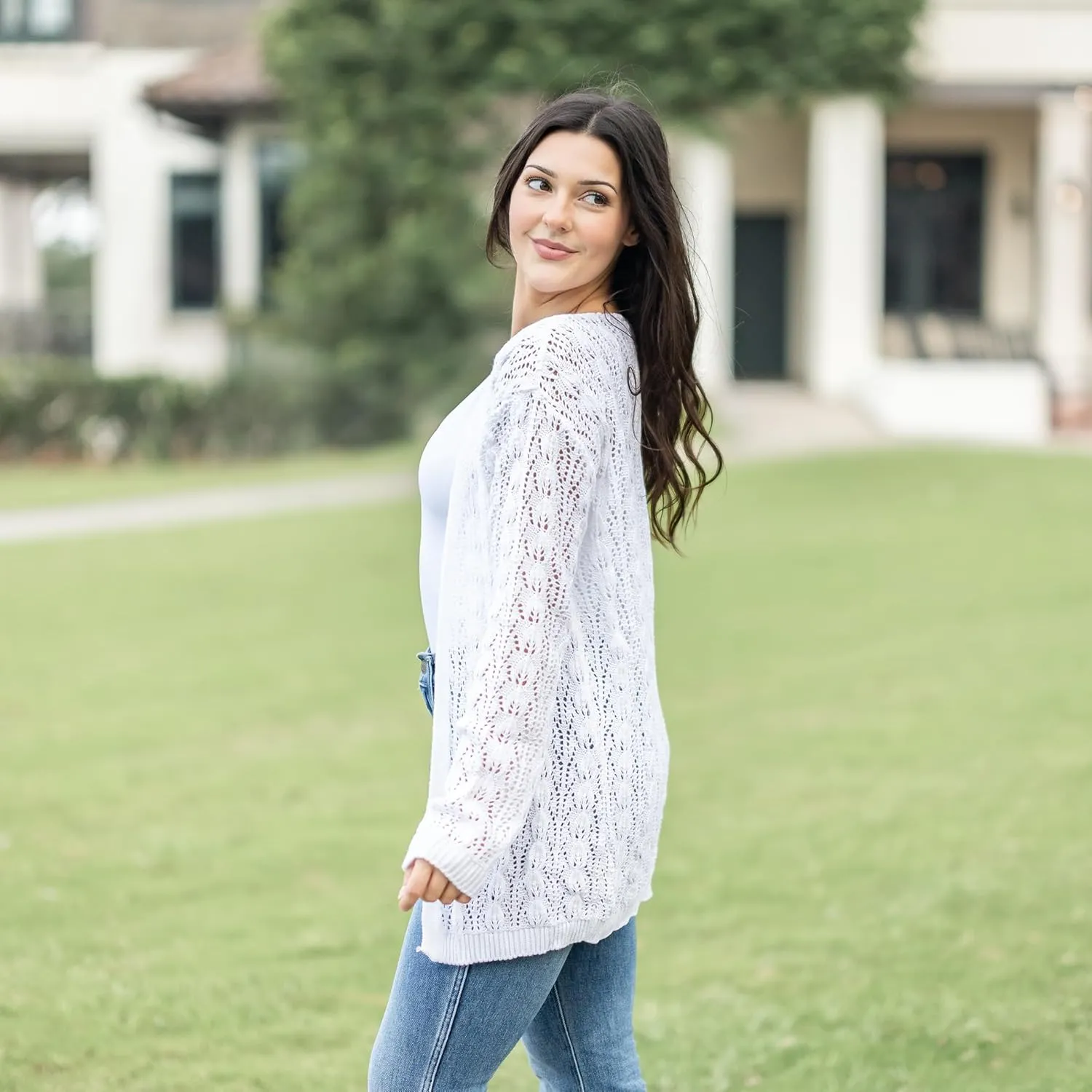Loxdonz Women's Crochet Cardigan Long Sleeve Lightweight Soft Open Front Knitted Kimono Sweater Cardigans