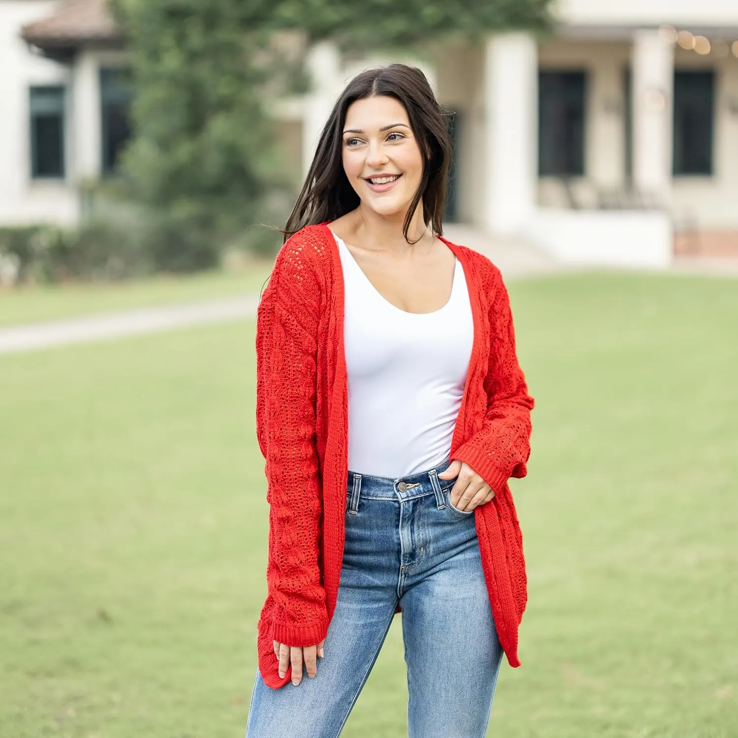 Loxdonz Women's Crochet Cardigan Long Sleeve Lightweight Soft Open Front Knitted Kimono Sweater Cardigans